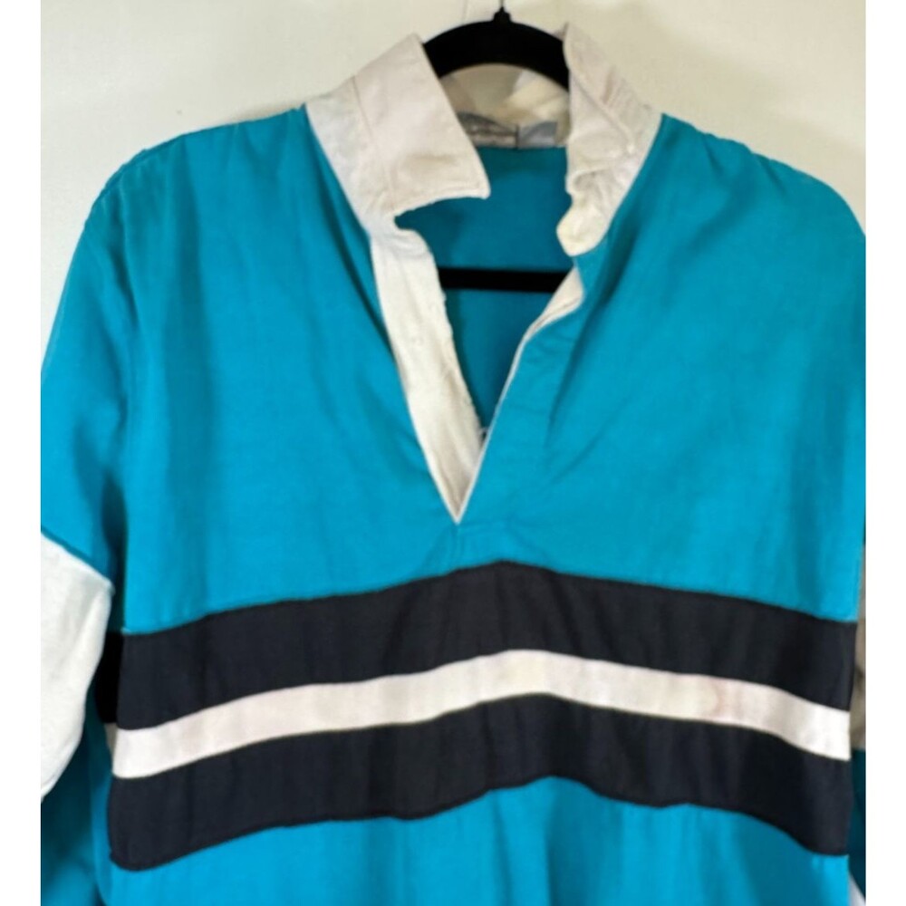 Vtg 90’s Blokecore Preppy Cotton Rugby Shirt Blue/White Colorblock Men L - Picture 4 of 16